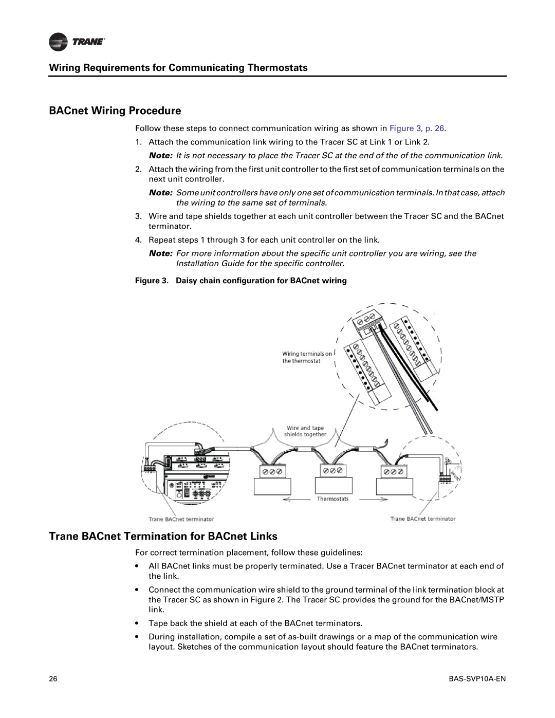 Trane BAS-SVP10A-EN manual Wiring Requirements for Communicating Thermostats, Daisy chain configuration for BACnet wiring 