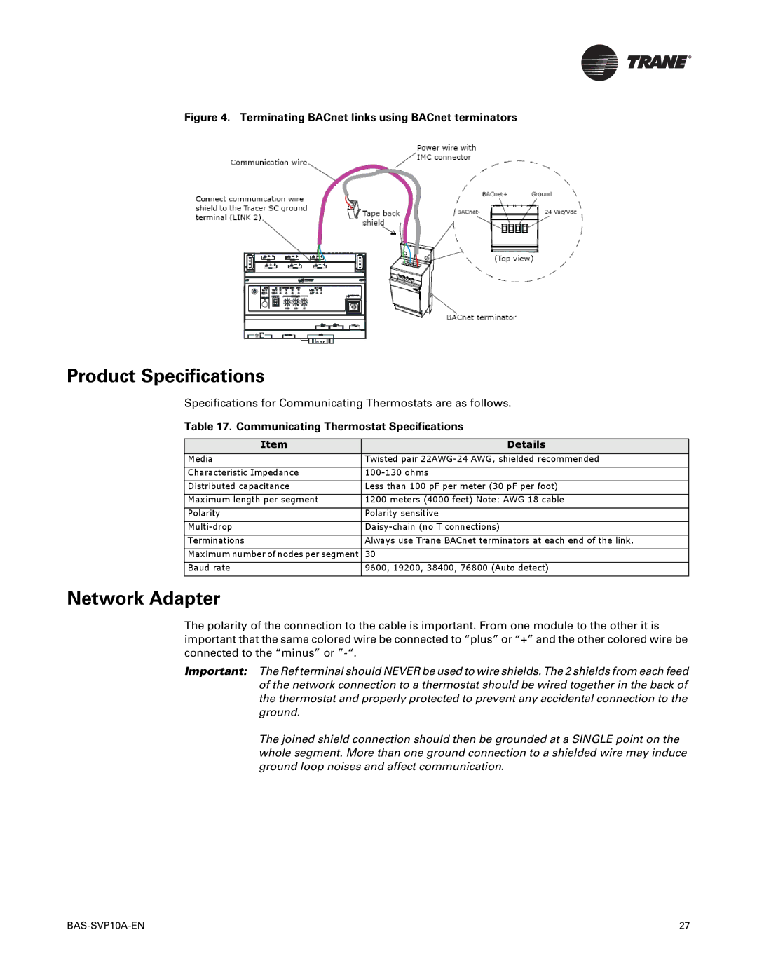 Trane Trane Communicating Thermostats (BACnet), BAS-SVP10A-EN manual Product Specifications, Network Adapter, Details 