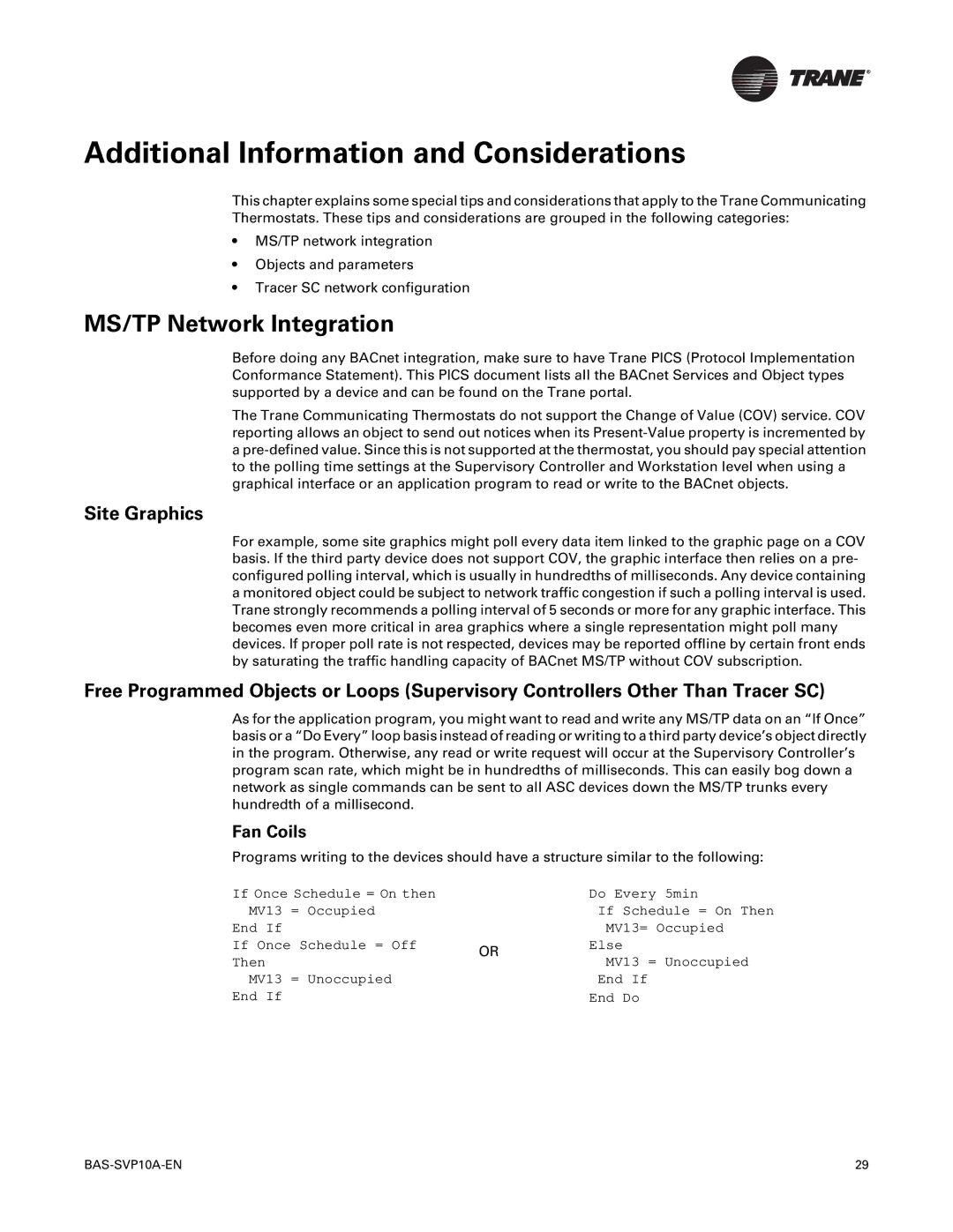 Trane Trane Communicating Thermostats (BACnet) manual Additional Information and Considerations, MS/TP Network Integration 