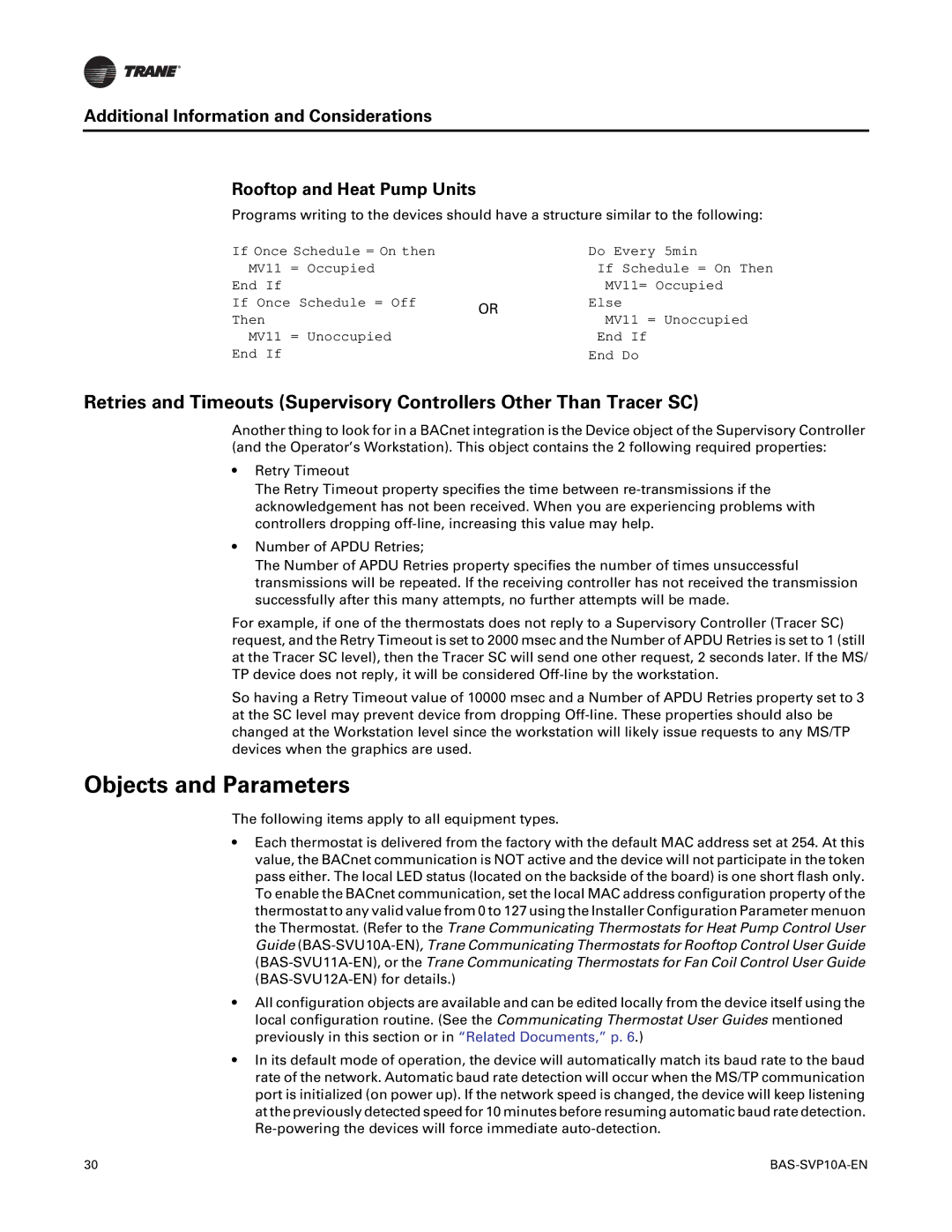 Trane BAS-SVP10A-EN, Trane Communicating Thermostats (BACnet) manual Objects and Parameters 