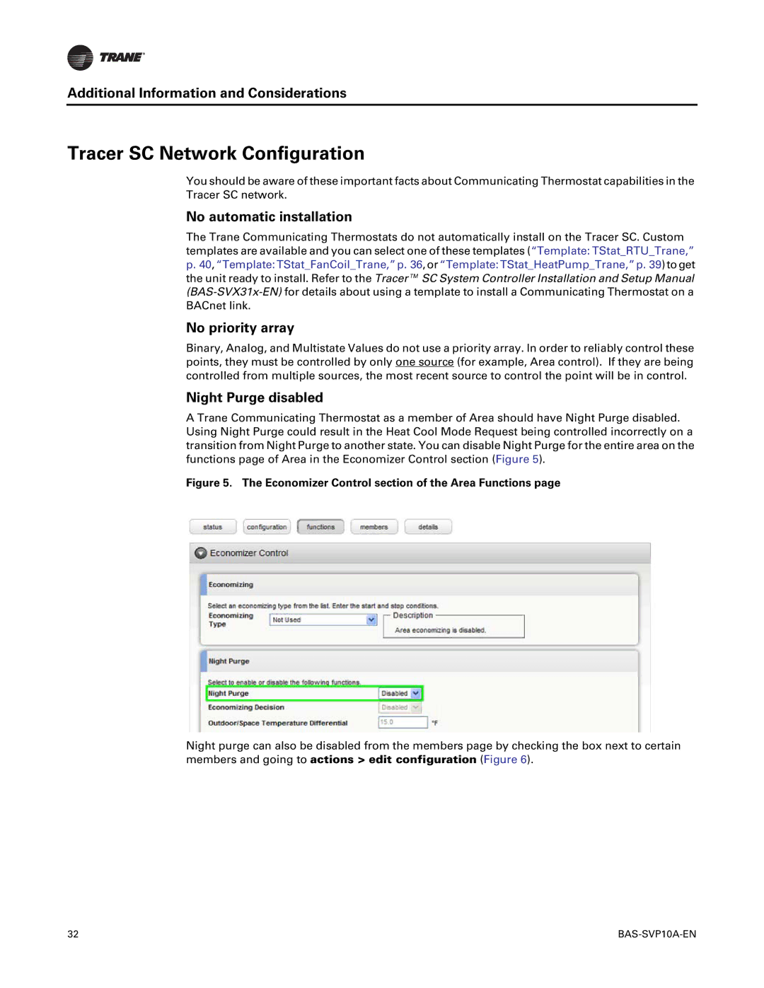 Trane BAS-SVP10A-EN Tracer SC Network Configuration, No automatic installation, No priority array, Night Purge disabled 