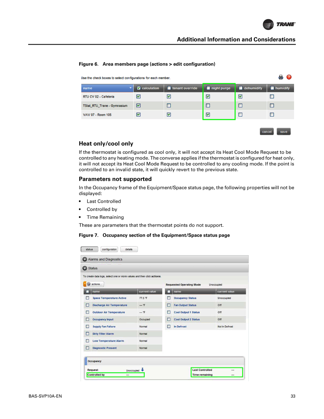 Trane Trane Communicating Thermostats (BACnet), BAS-SVP10A-EN manual Heat only/cool only, Parameters not supported 