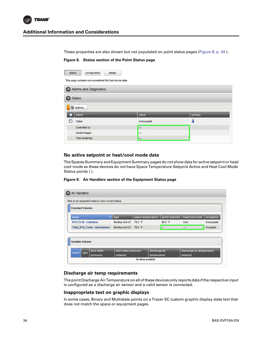 Trane BAS-SVP10A-EN manual No active setpoint or heat/cool mode data, Discharge air temp requirements 