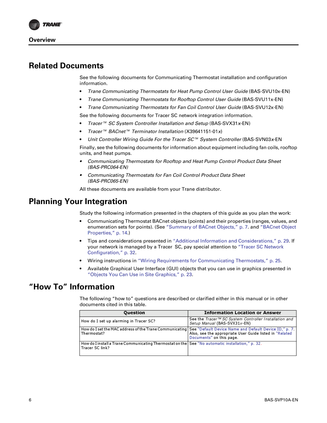 Trane BAS-SVP10A-EN manual Related Documents, Planning Your Integration, How To Information, Overview 