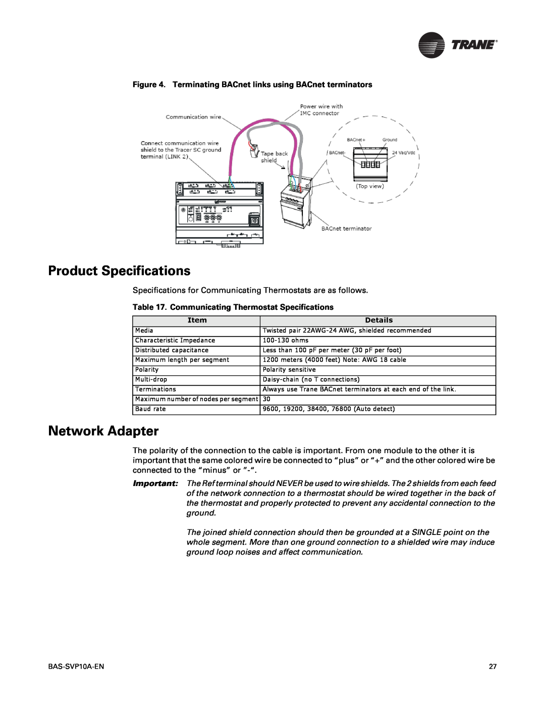 Trane Trane Communicating Thermostats (BACnet), BAS-SVP10A-EN manual Product Specifications, Network Adapter 