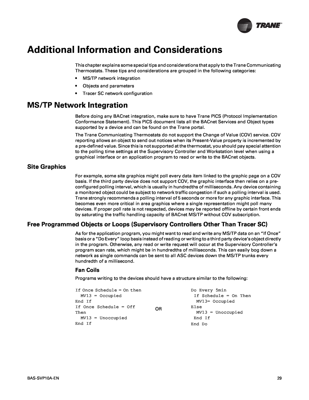 Trane Trane Communicating Thermostats (BACnet) manual Additional Information and Considerations, MS/TP Network Integration 