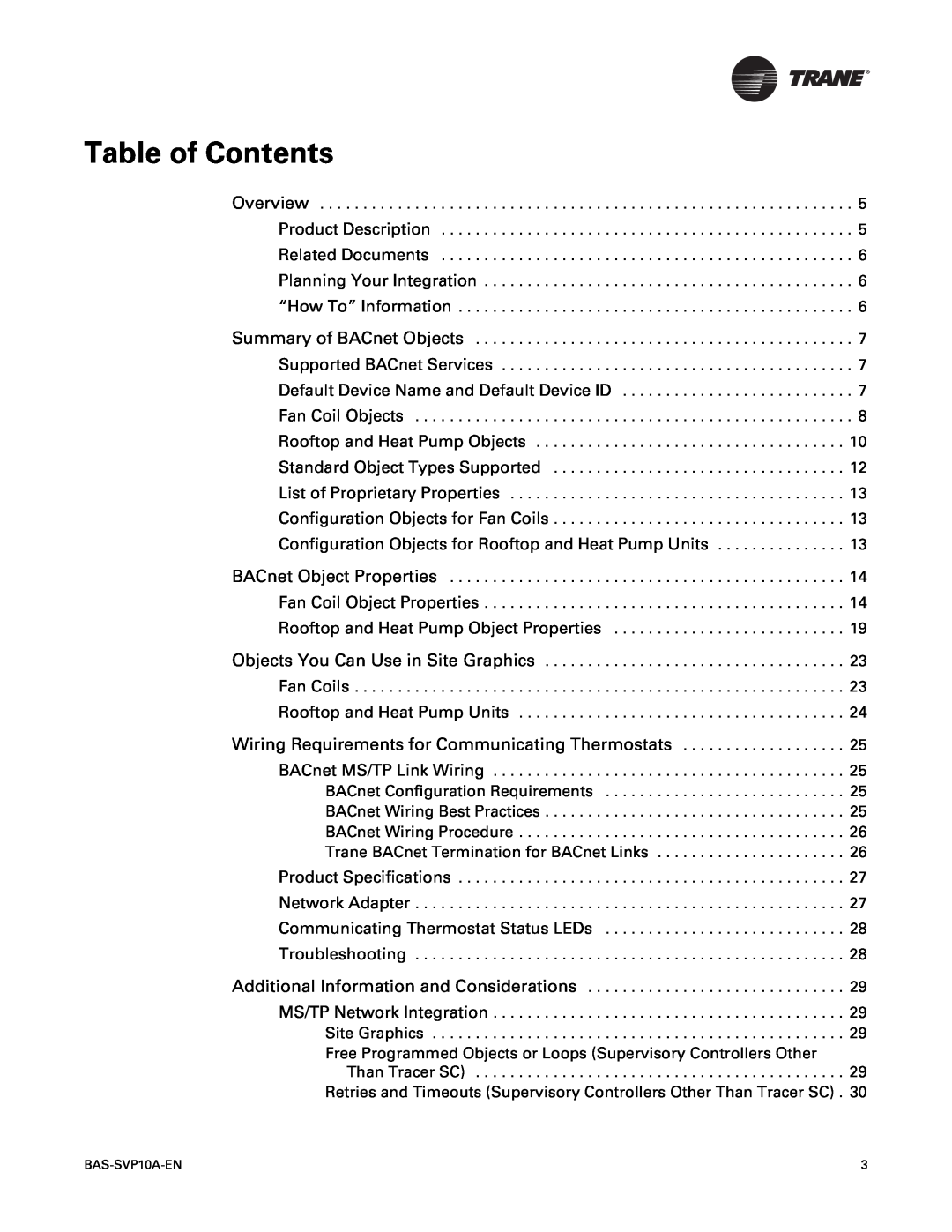 Trane Trane Communicating Thermostats (BACnet) manual Table of Contents, Wiring Requirements for Communicating Thermostats 