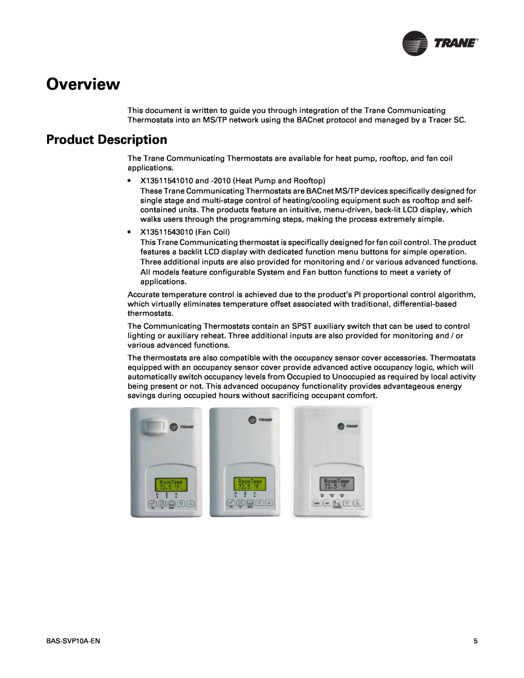 Trane Trane Communicating Thermostats (BACnet), BAS-SVP10A-EN manual Overview, Product Description 