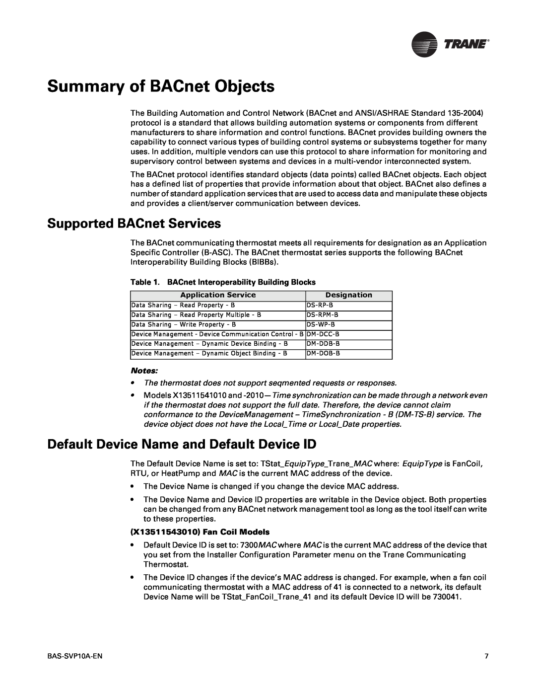 Trane Trane Communicating Thermostats (BACnet), BAS-SVP10A-EN manual Summary of BACnet Objects, Supported BACnet Services 
