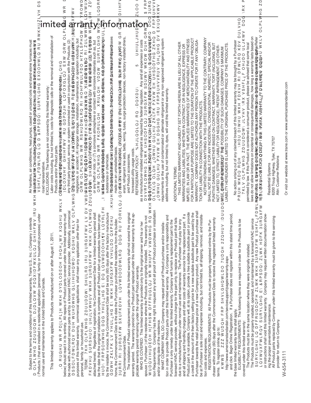 Trane Trane Outdoor Units: Heat Pumps, Air Conditioners, 22-5213-WEB01 manual Limited Warranty Information, GW-654-3111 