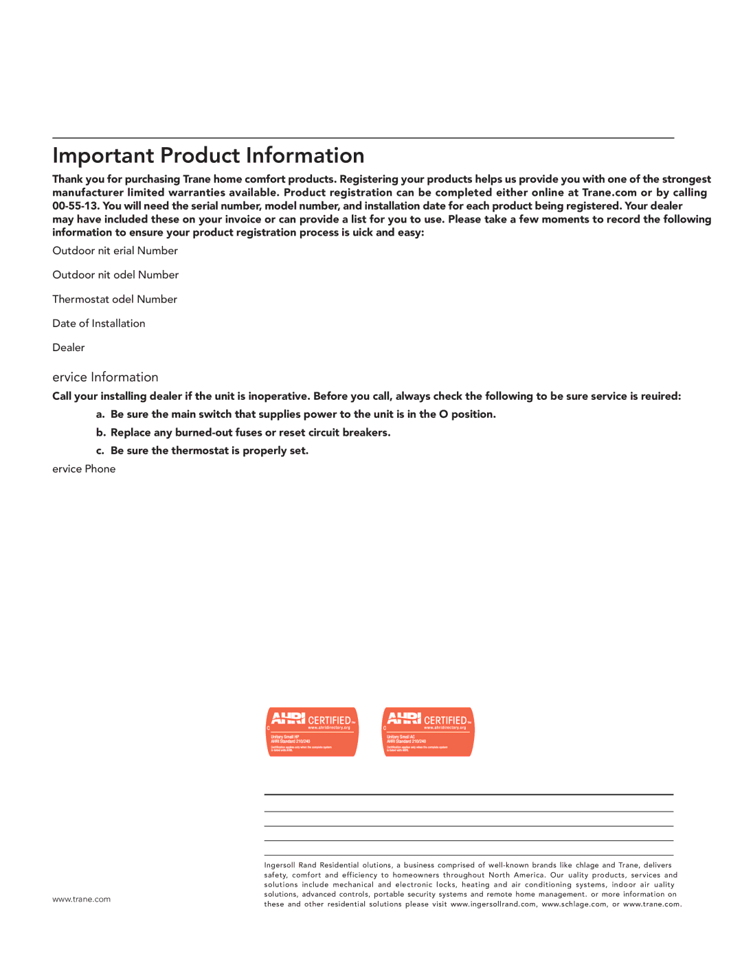 Trane 22-5213-WEB01, Trane Outdoor Units: Heat Pumps, Air Conditioners Important Product Information, Service Information 