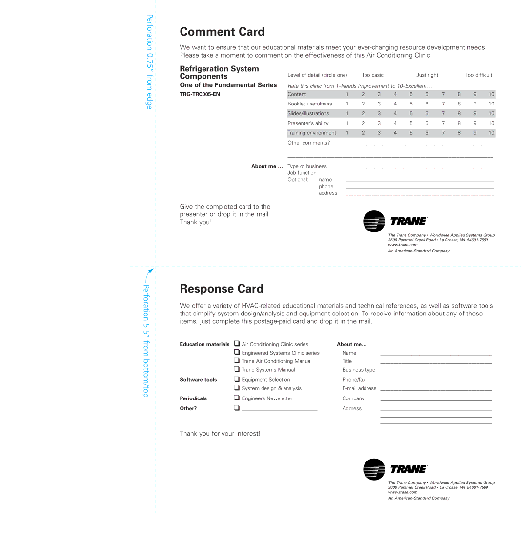 Trane trg-trc005-en manual Comment Card, One of the Fundamental Series 