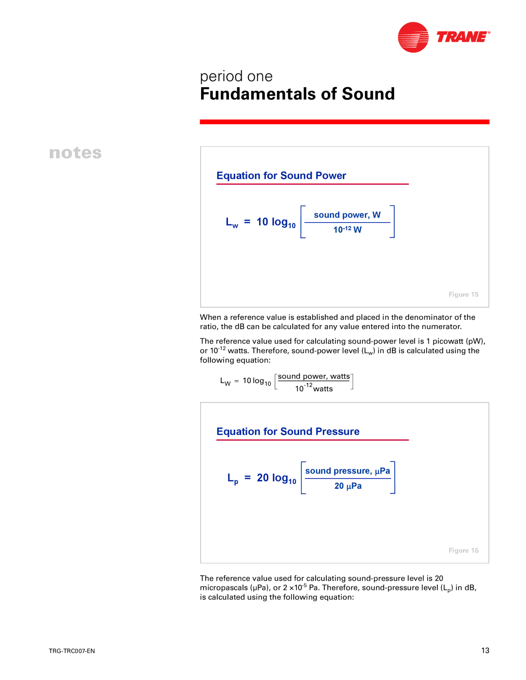 Trane TRG-TRC007-EN manual Equation for Sound Power, Equation for Sound Pressure 