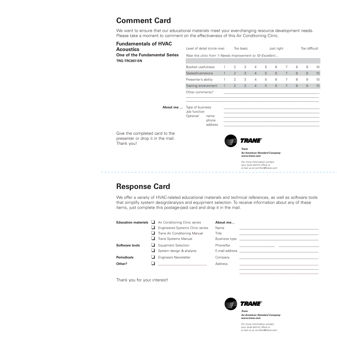 Trane TRG-TRC007-EN manual Comment Card, One of the Fundamental Series 