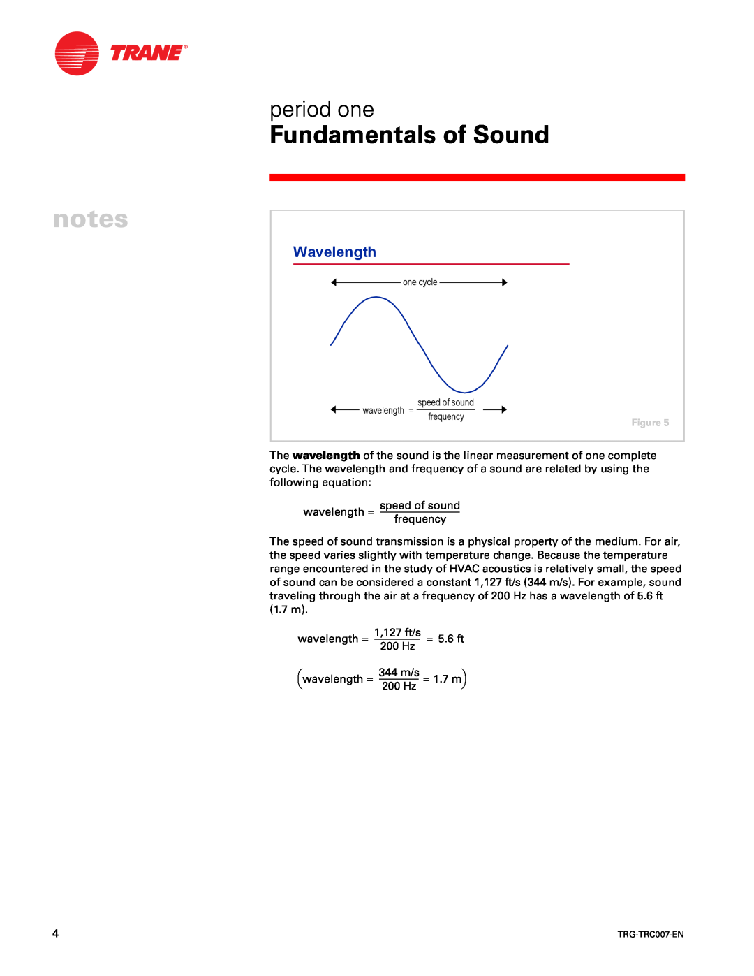 Trane TRG-TRC007-EN manual Wavelength, Fundamentals of Sound, period one 