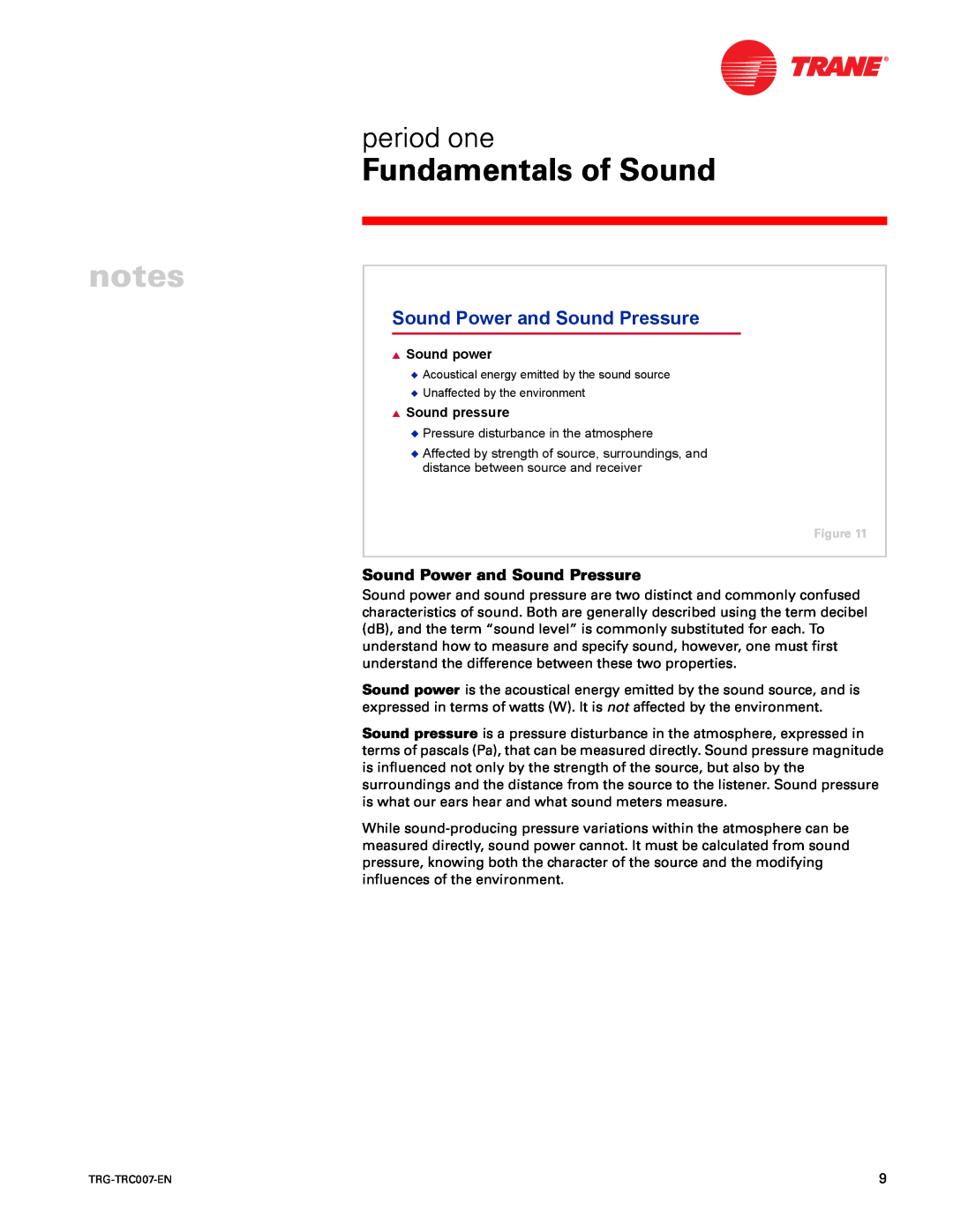 Trane TRG-TRC007-EN manual Sound Power and Sound Pressure, Fundamentals of Sound, period one 