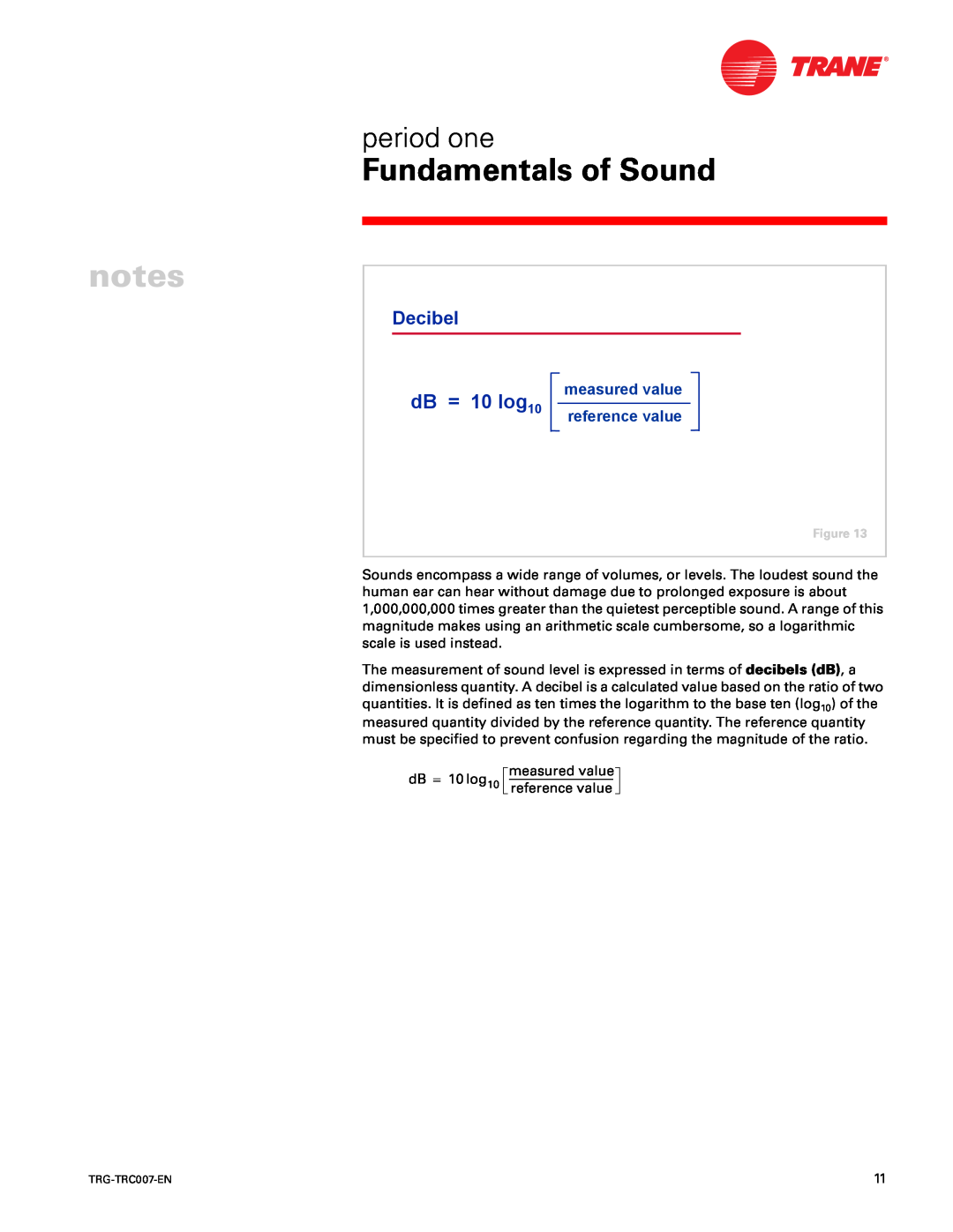 Trane TRG-TRC007-EN manual dB = 10 log10, Decibel, Fundamentals of Sound, period one, measured value, reference value 