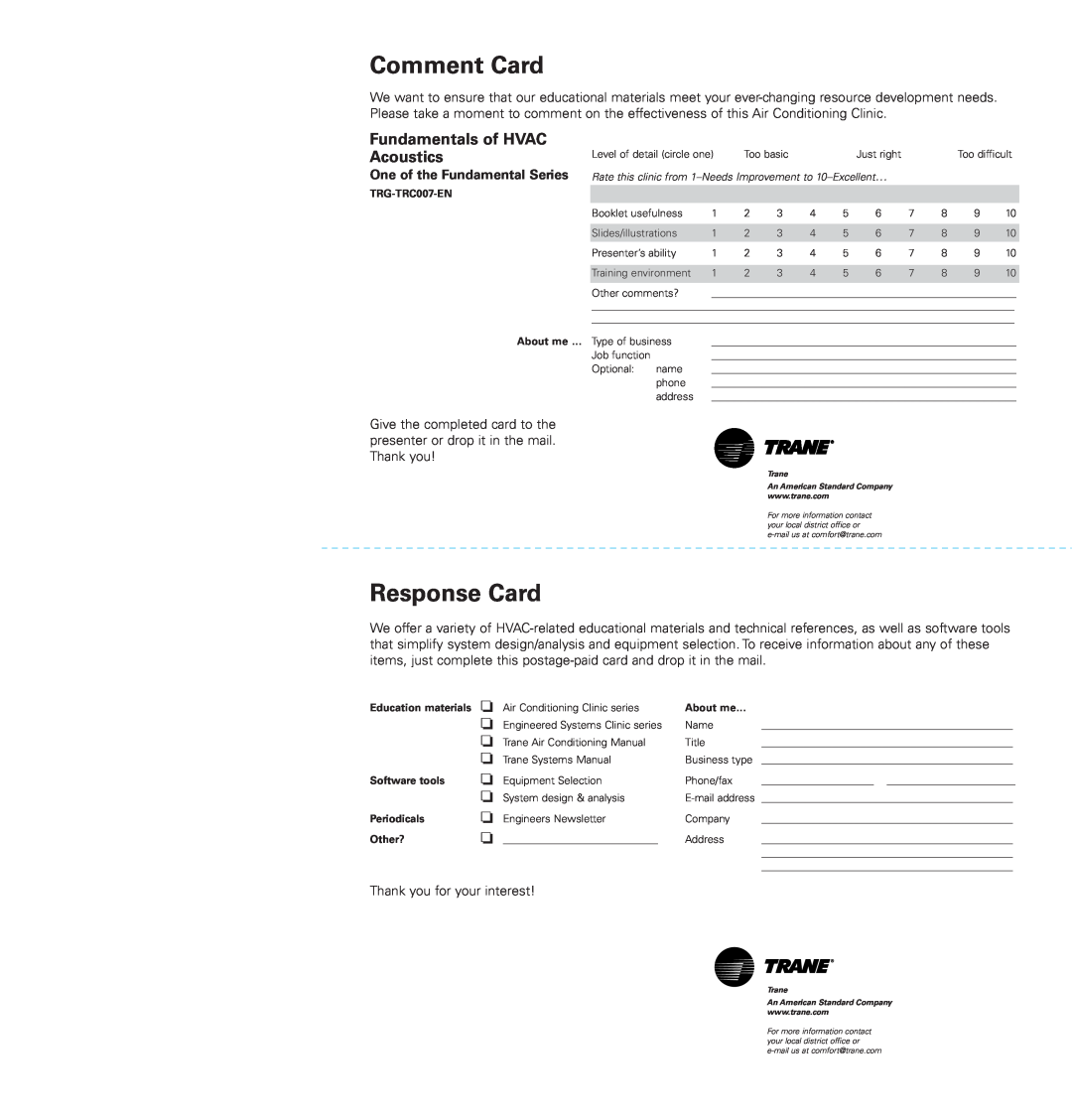 Trane TRG-TRC007-EN manual Comment Card, Response Card, Fundamentals of HVAC, Acoustics, One of the Fundamental Series 
