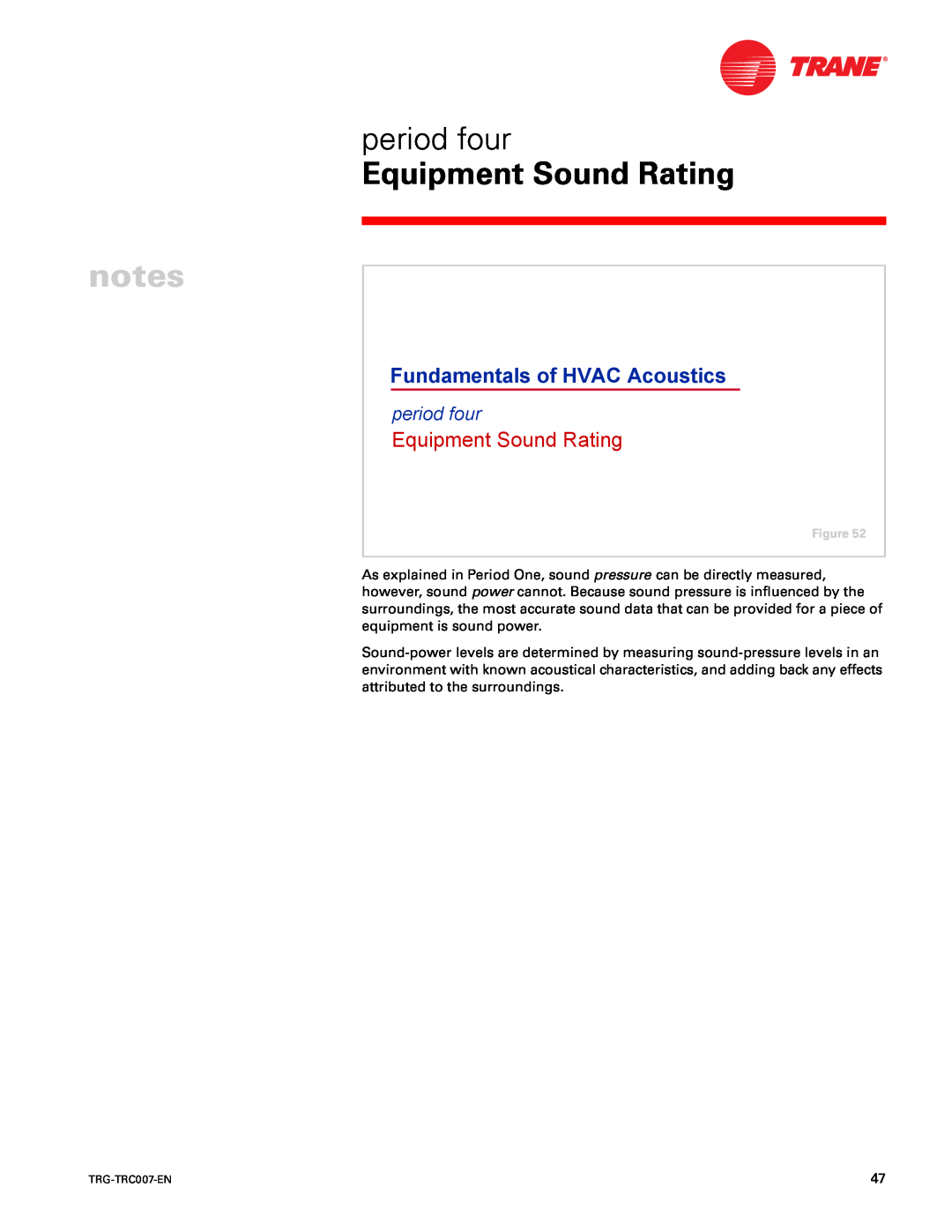 Trane TRG-TRC007-EN manual period four, Equipment Sound Rating, Fundamentals of HVAC Acoustics 