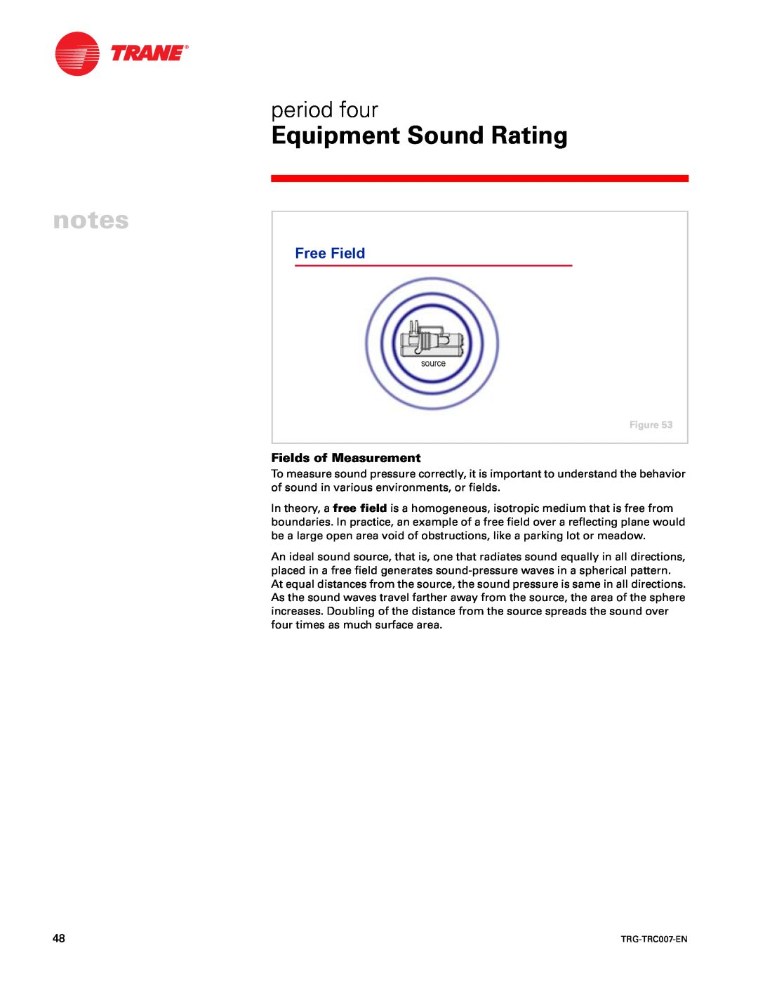 Trane TRG-TRC007-EN manual period four, Free Field, Equipment Sound Rating, Fields of Measurement 