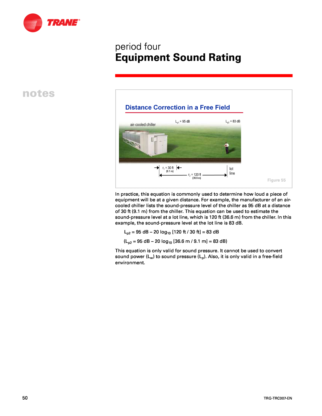 Trane TRG-TRC007-EN manual Equipment Sound Rating, period four, Distance Correction in a Free Field 