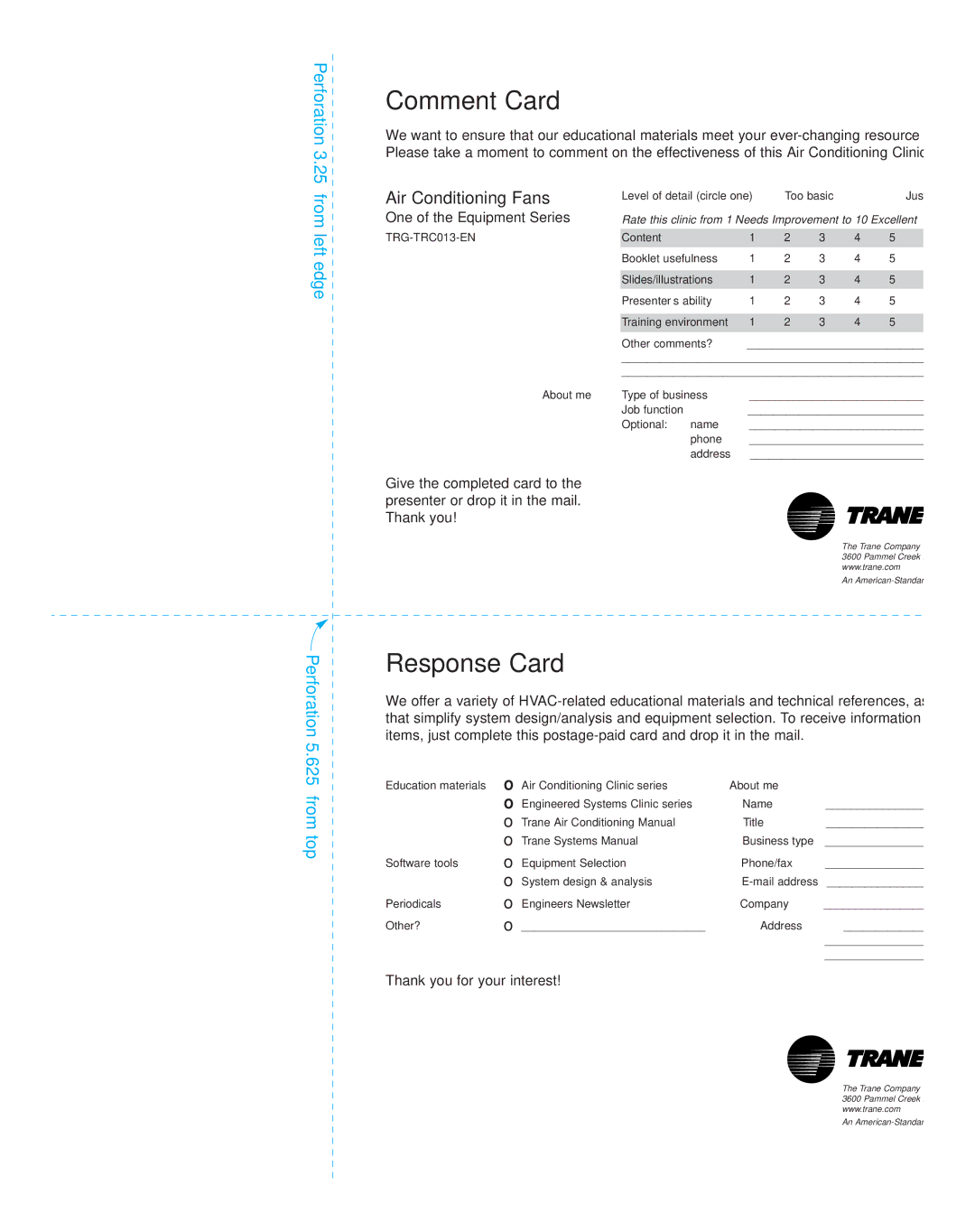 Trane TRG-TRC013-EN manual Comment Card 