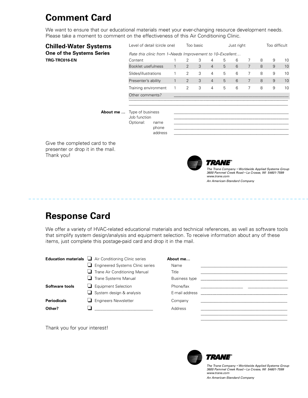 Trane TRG-TRC016-EN manual Comment Card, One of the Systems Series 