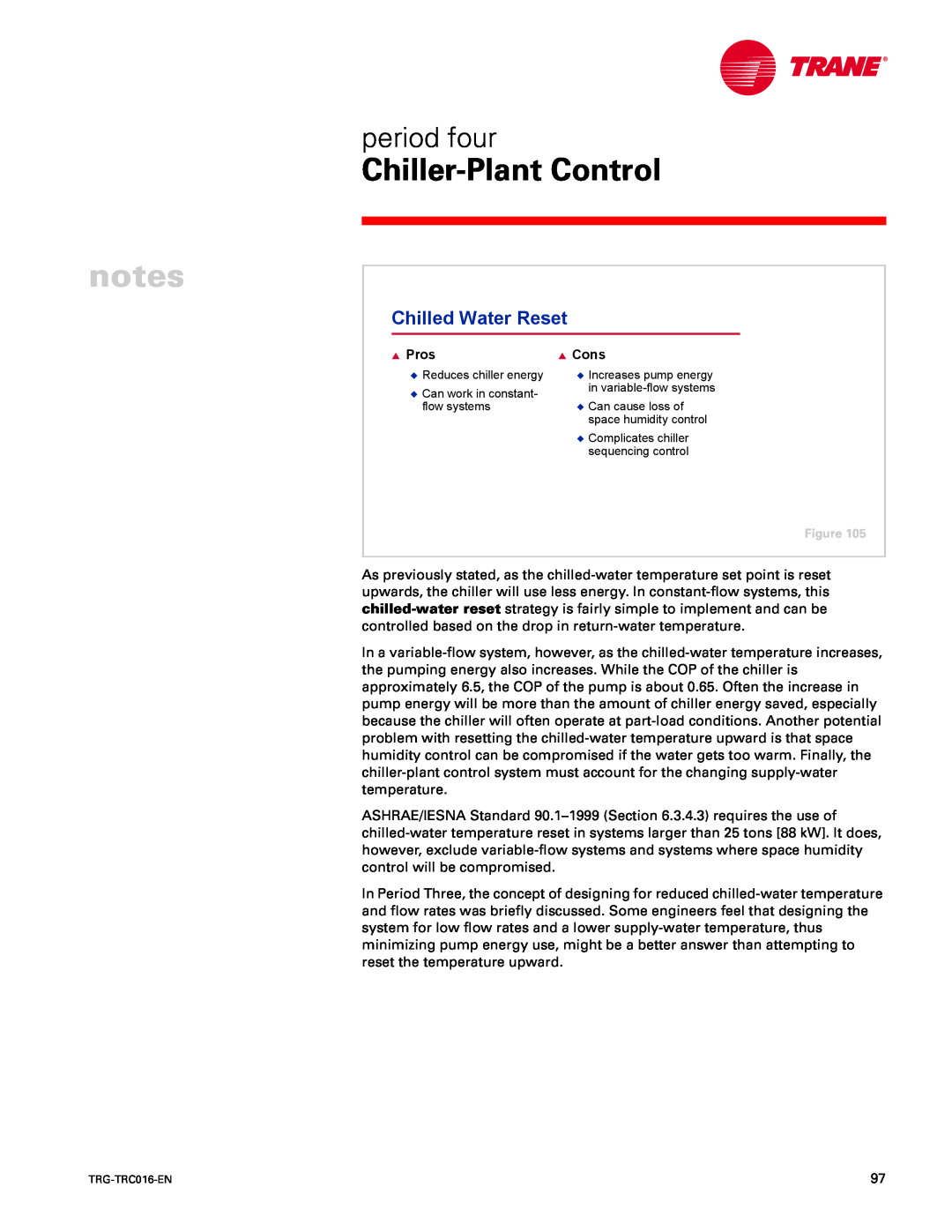 Trane TRG-TRC016-EN manual Chilled Water Reset, notes, Chiller-PlantControl, period four, Pros, Cons 