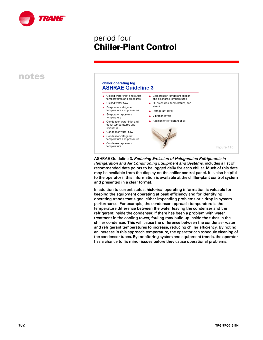 Trane TRG-TRC016-EN manual ASHRAE Guideline, notes, Chiller-PlantControl, period four, chiller operating log 