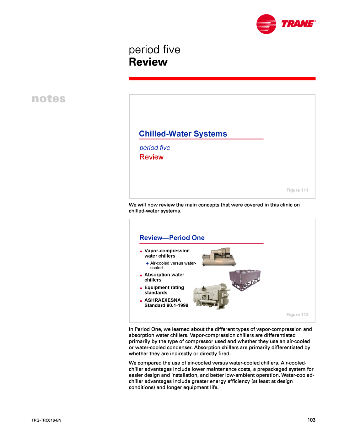 Trane TRG-TRC016-EN manual period five, Review—PeriodOne, notes, Chilled-WaterSystems, Vapor-compressionwater chillers 