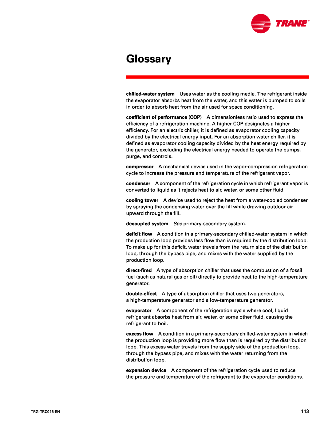 Trane TRG-TRC016-EN manual Glossary, decoupled system See primary-secondarysystem 