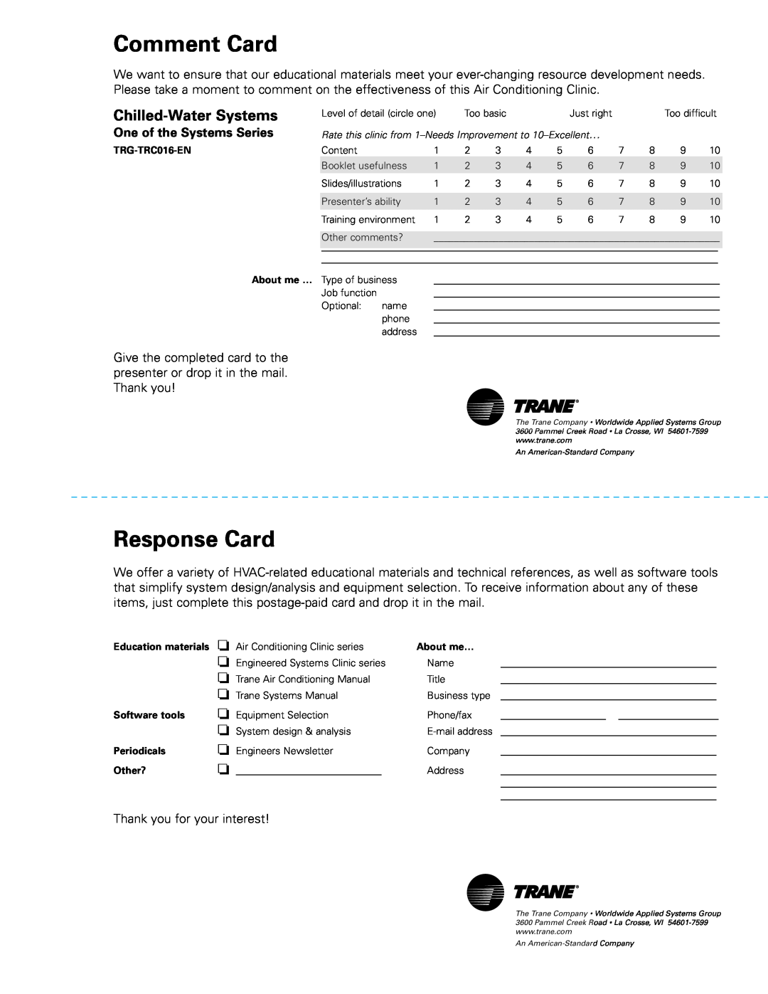 Trane TRG-TRC016-EN manual Comment Card, Response Card, Chilled-WaterSystems, One of the Systems Series 