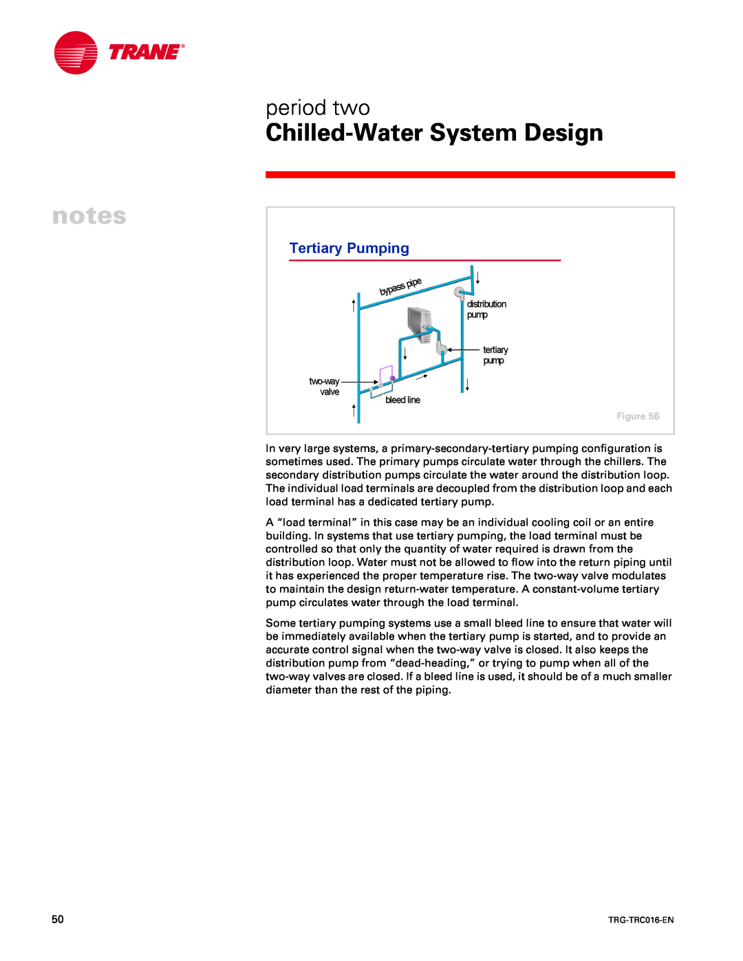 Trane TRG-TRC016-EN manual Tertiary Pumping, notes, Chilled-WaterSystem Design, period two, bleedline 