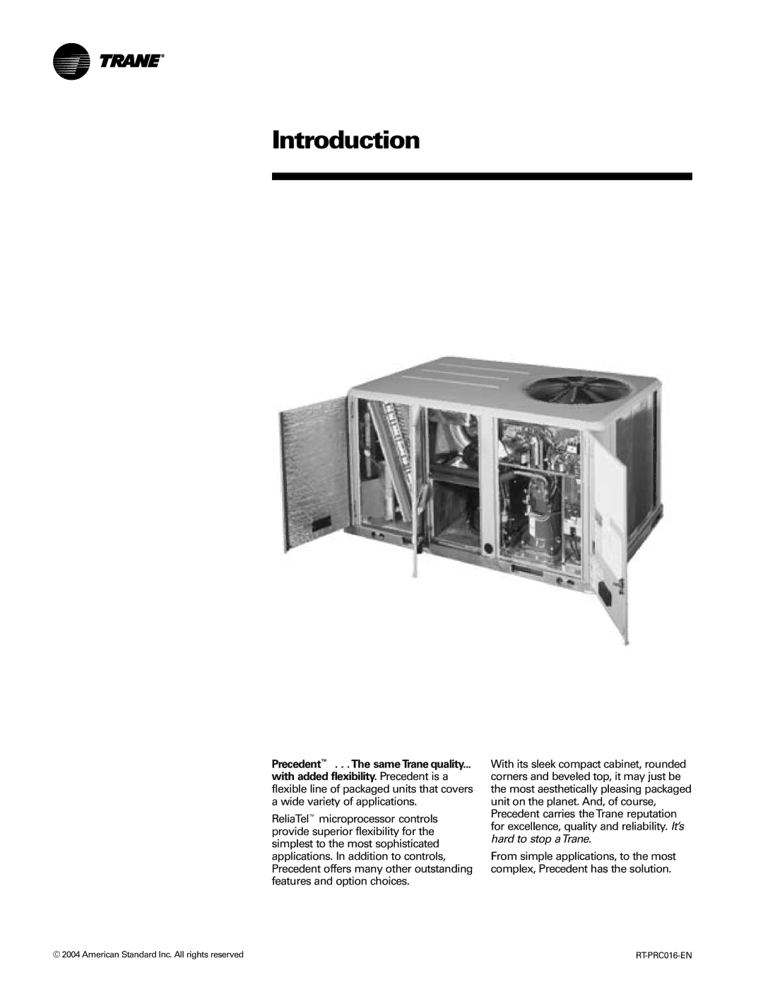 Trane TSC060-120 manual Introduction, American Standard Inc. All rights reserved 