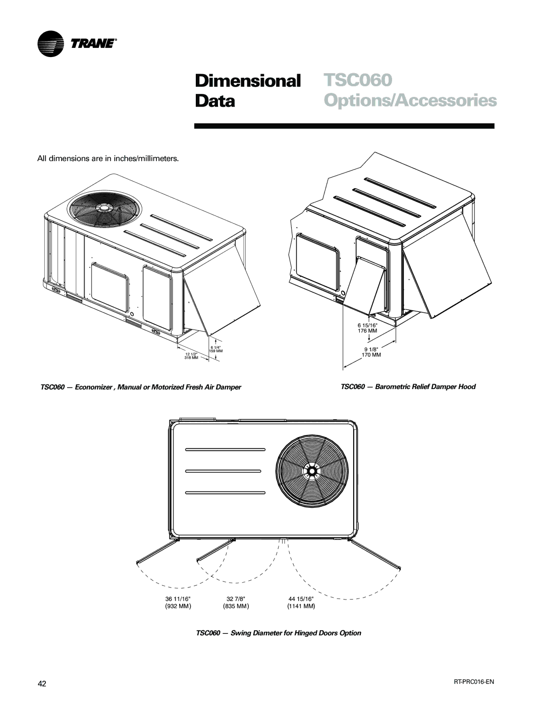 Trane TSC060-120 manual Dimensional TSC060, TSC060 Economizer , Manual or Motorized Fresh Air Damper 