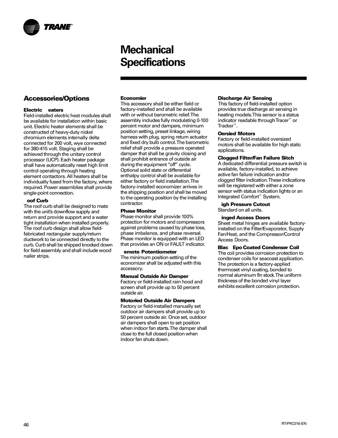 Trane TSC060-120 manual Electric Heaters, Roof Curb, Remote Potentiometer, Manual Outside Air Damper, Oversized Motors 