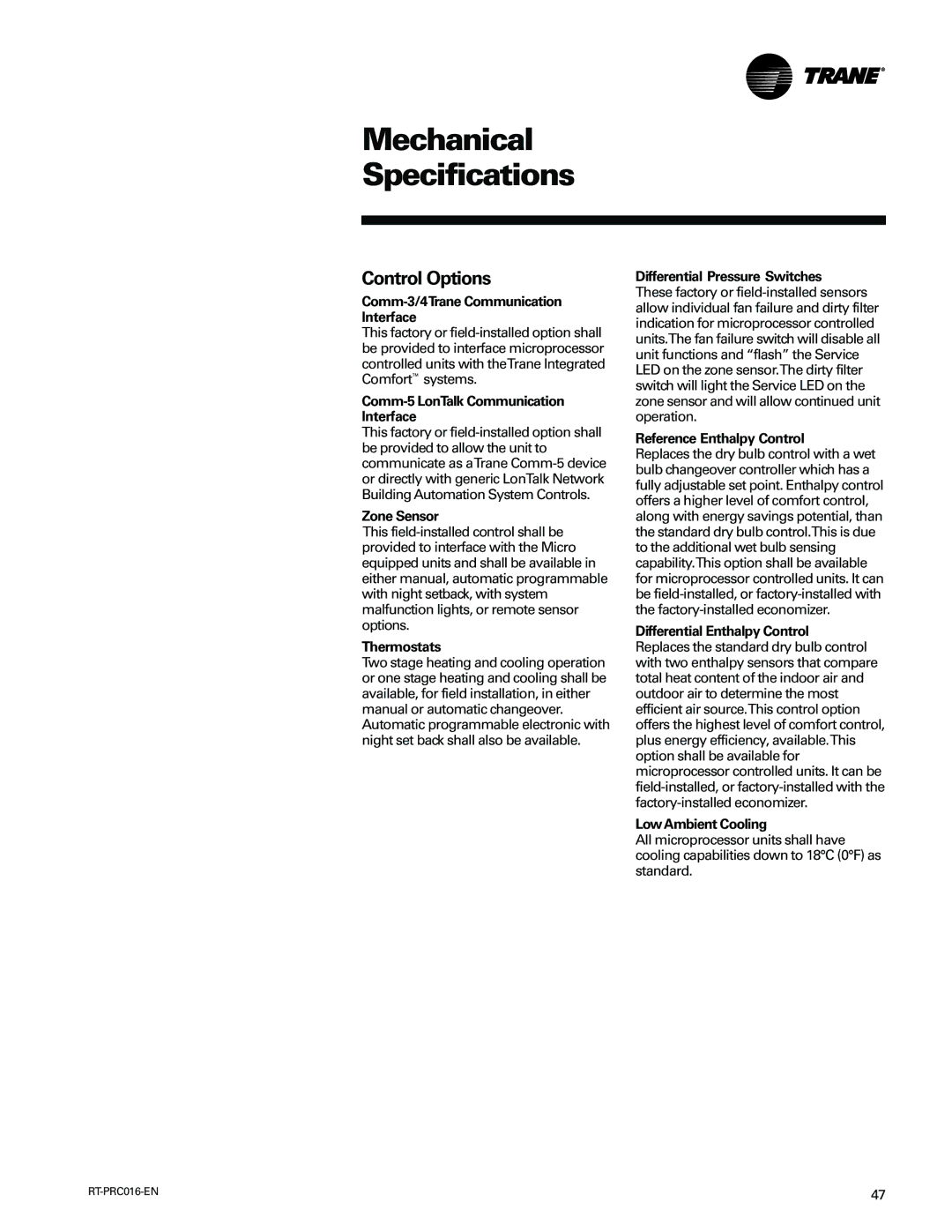 Trane TSC060-120 manual Comm-5 LonTalk Communication Interface, Zone Sensor, Thermostats, Differential Pressure Switches 