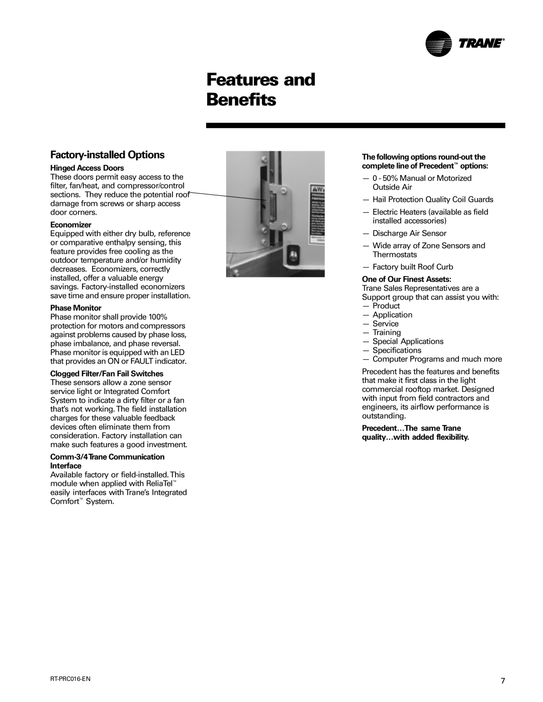 Trane TSC060-120 manual Hinged Access Doors, Economizer, Phase Monitor, Comm-3/4Trane Communication Interface 