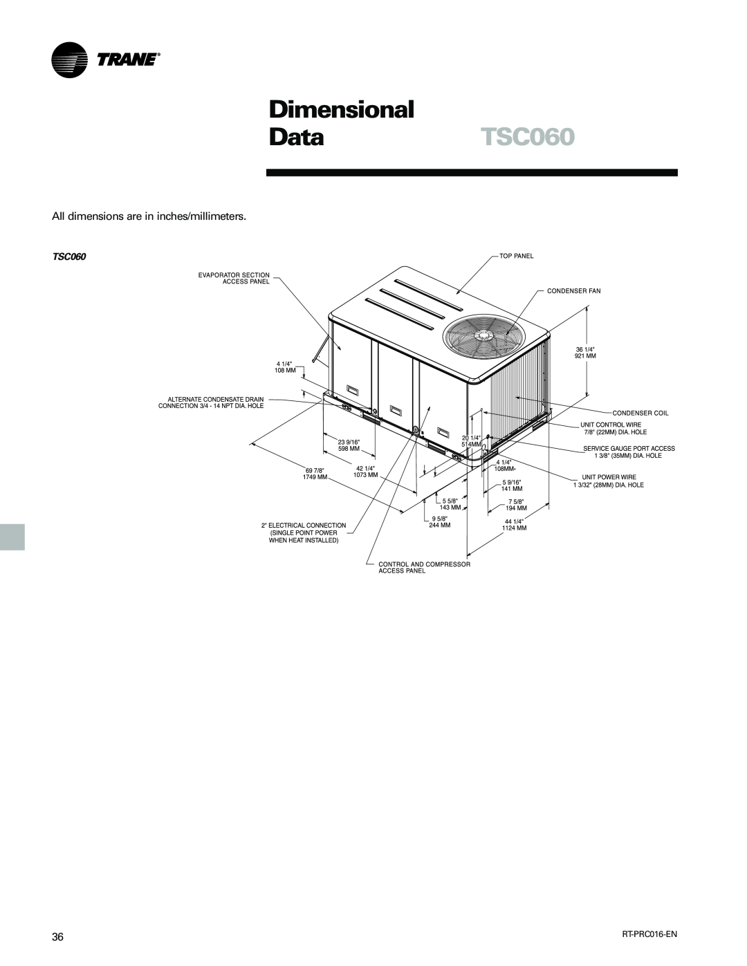 Trane TSC060-120 manual Dimensional, DataTSC060 