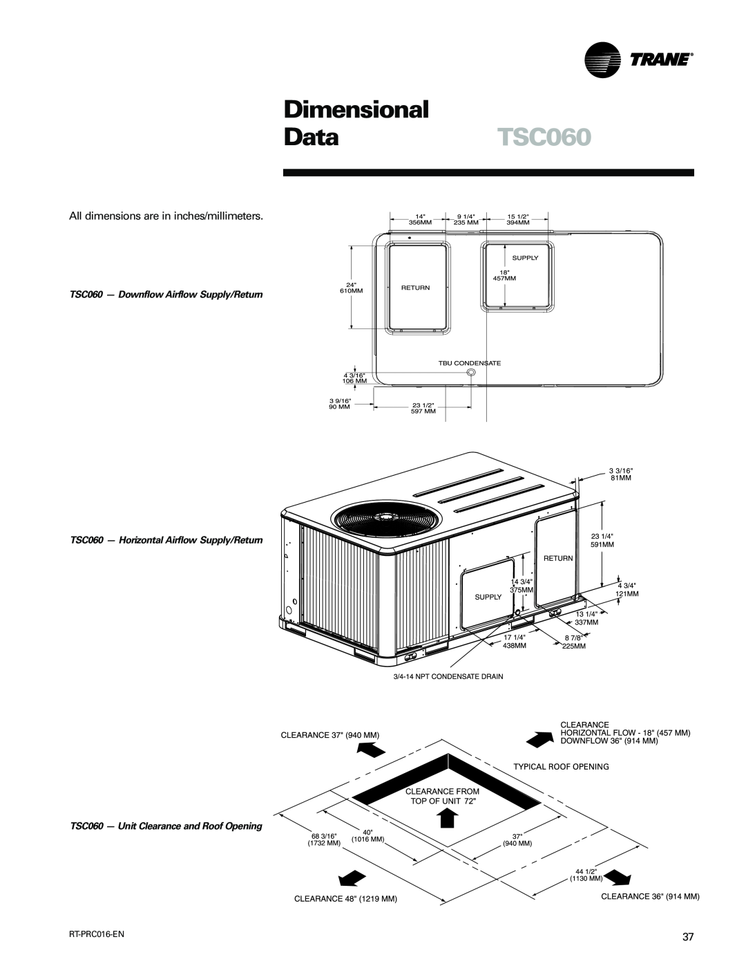 Trane TSC060-120 manual Dimensional, DataTSC060, All dimensions are in inches/millimeters 