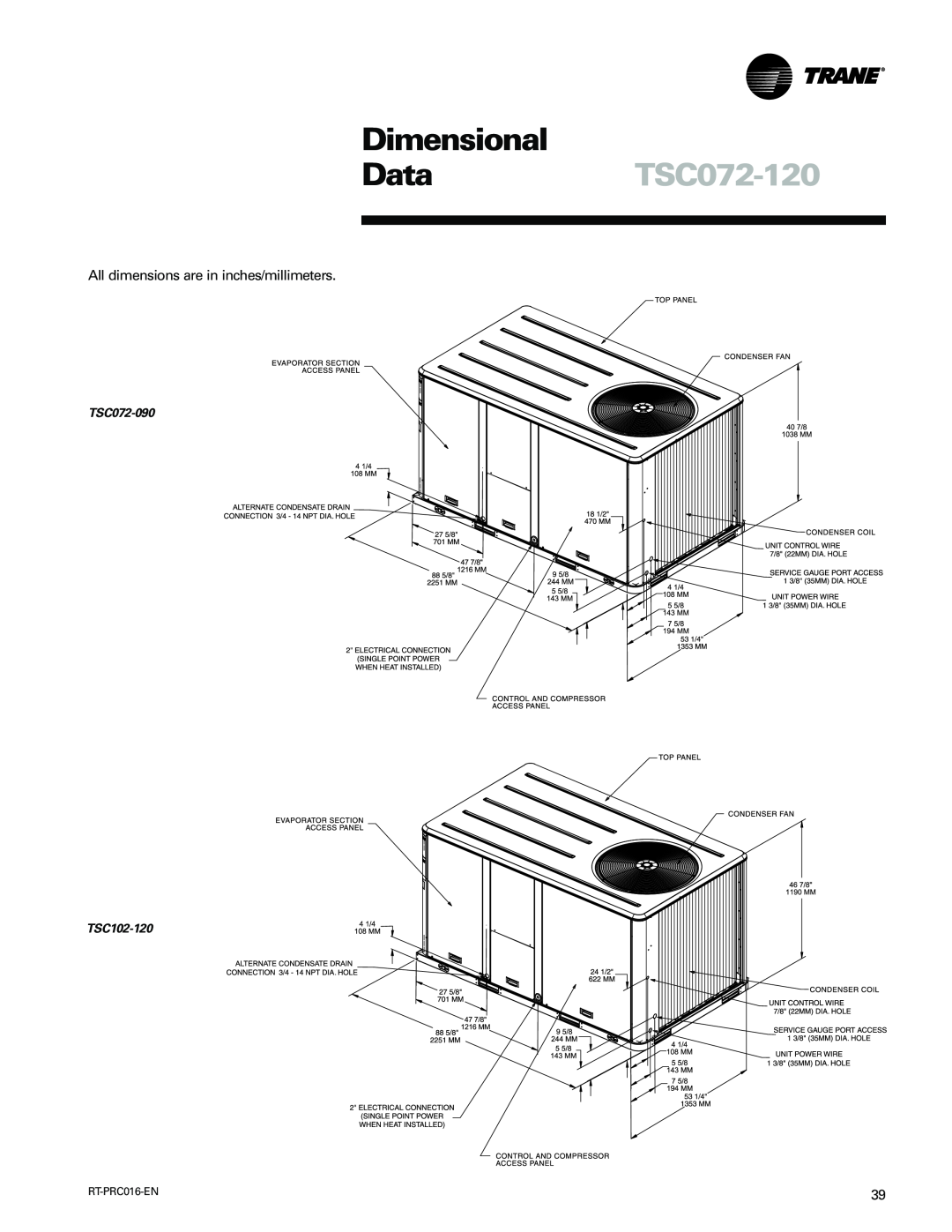 Trane TSC060-120 manual DataTSC072-120, Dimensional, All dimensions are in inches/millimeters 