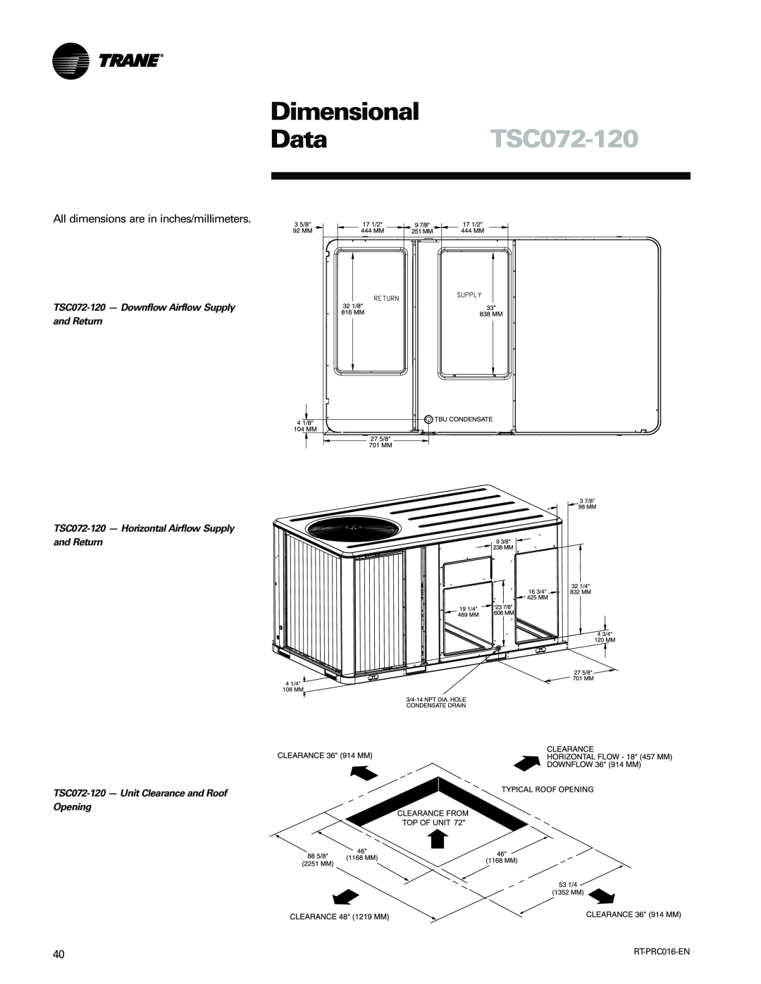 Trane TSC060-120 manual Dimensional, DataTSC072-120, TSC072-120- Downflow Airflow Supply and Return 