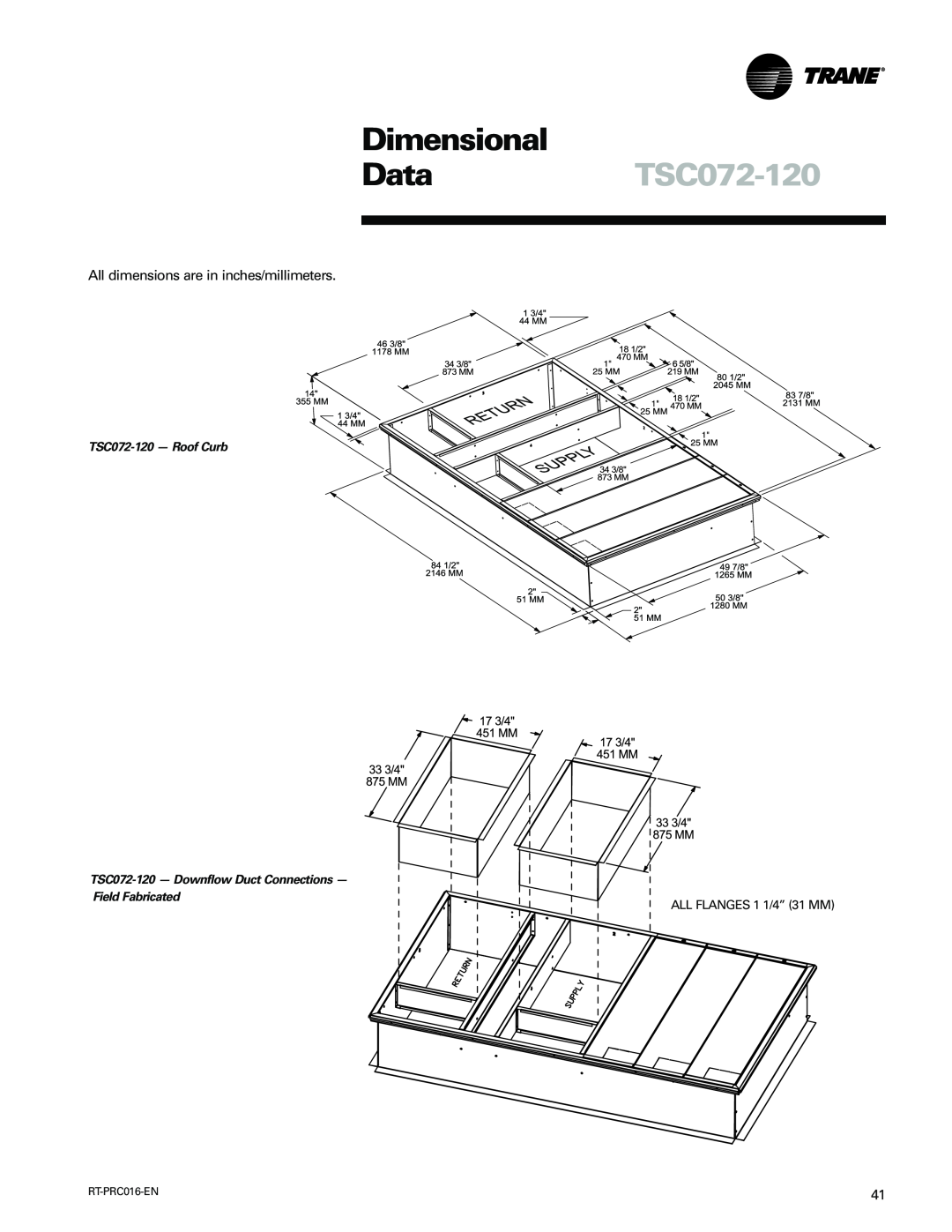 Trane TSC060-120 manual Dimensional, DataTSC072-120, All dimensions are in inches/millimeters, TSC072-120- Roof Curb 