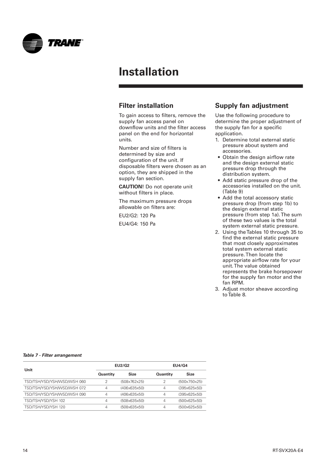 Trane TSH 060, TSD manual Filter installation, Supply fan adjustment, Filter arrangement, Unit EU2/G2 EU4/G4 Quantity Size 