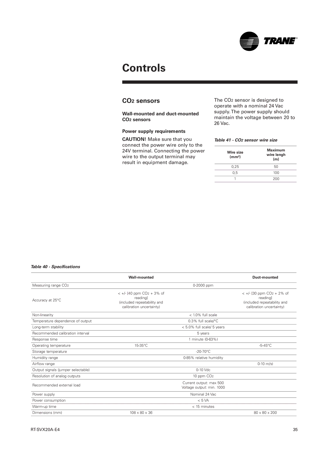 Trane TSD, TSH 060 manual CO2 sensors, CO2 sensor wire size, Specifications 