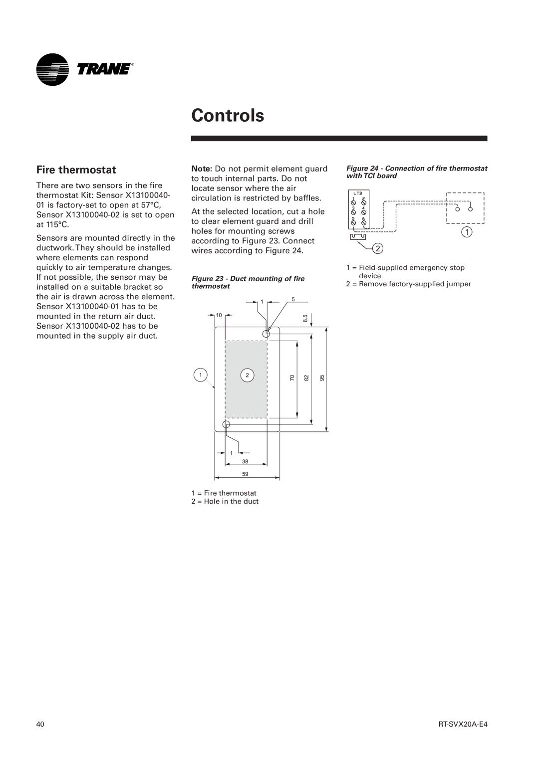 Trane TSH 060, TSD manual Fire thermostat, Duct mounting of fire thermostat 