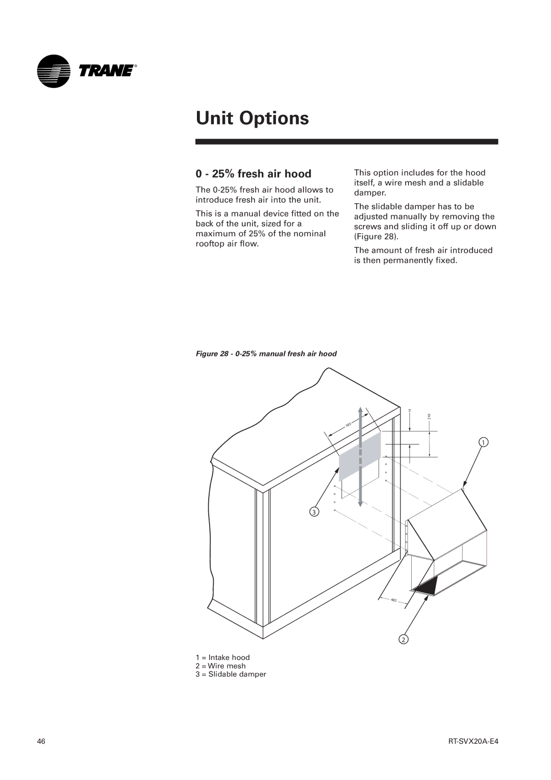 Trane TSH 060, TSD 25% fresh air hood, 25% manual fresh air hood 