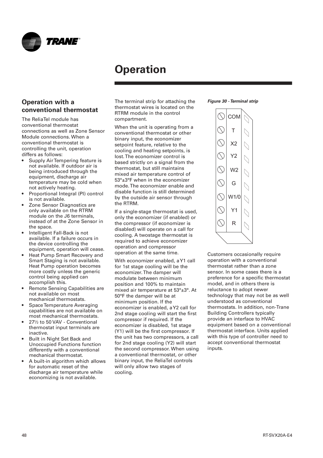 Trane TSH 060, TSD manual Operation with a conventional thermostat, Terminal strip 