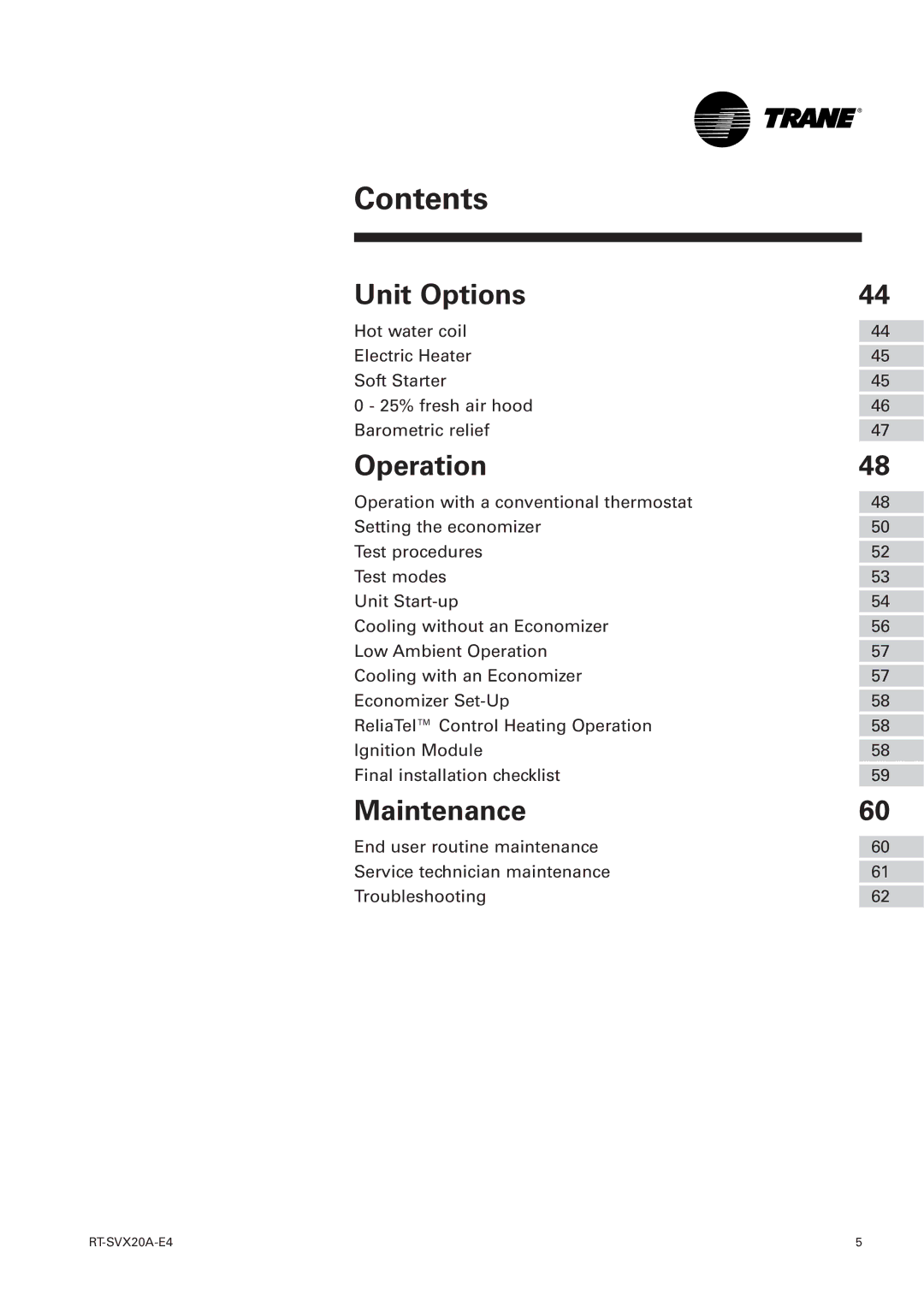 Trane TSD, TSH 060 manual Unit Options 