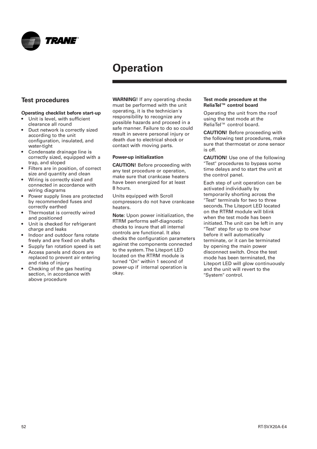 Trane TSH 060, TSD manual Test procedures, Operating checklist before start-up, Power-up initialization 